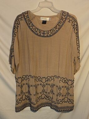 Embroidered Tan Tunic Top with Black Accents